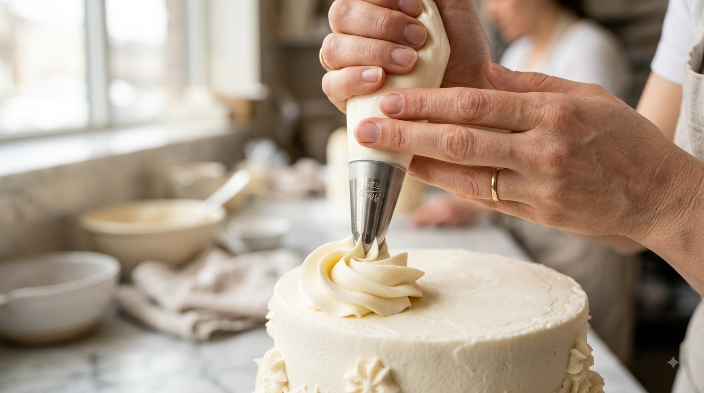 Hero 4: hands piping buttercream, close macro