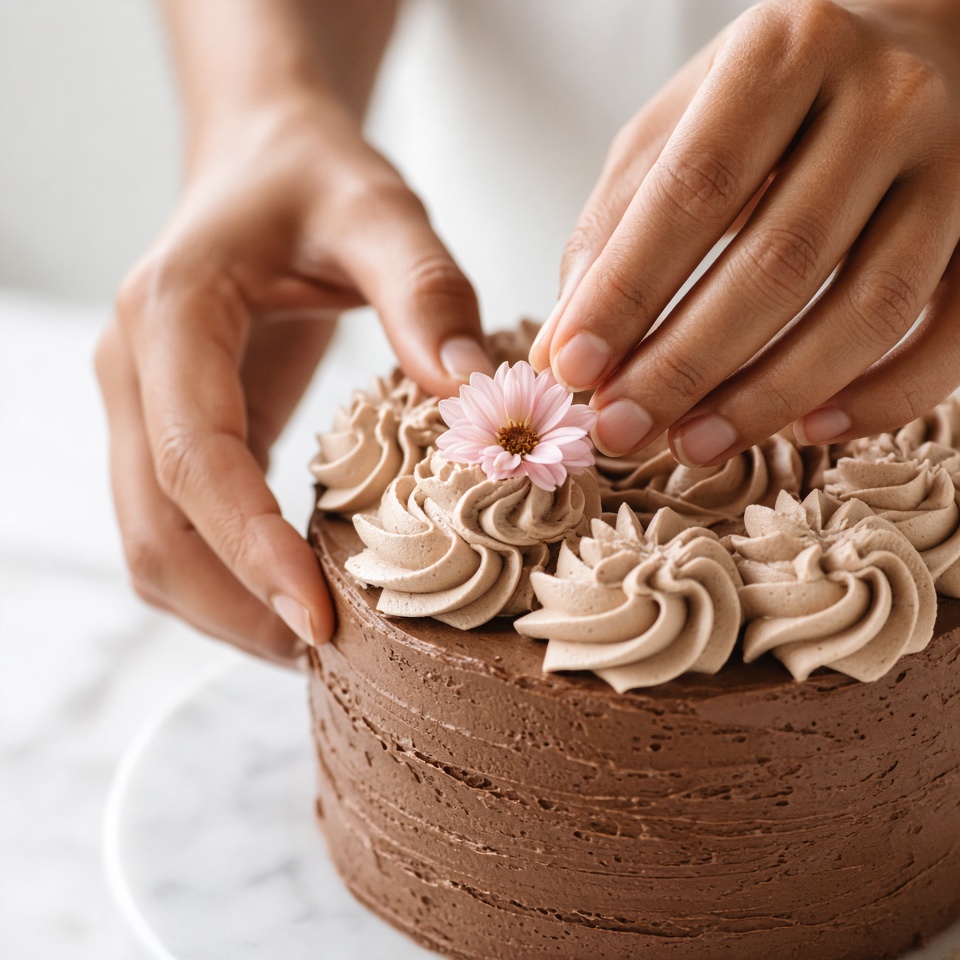 Story: hands finishing a cake, close up